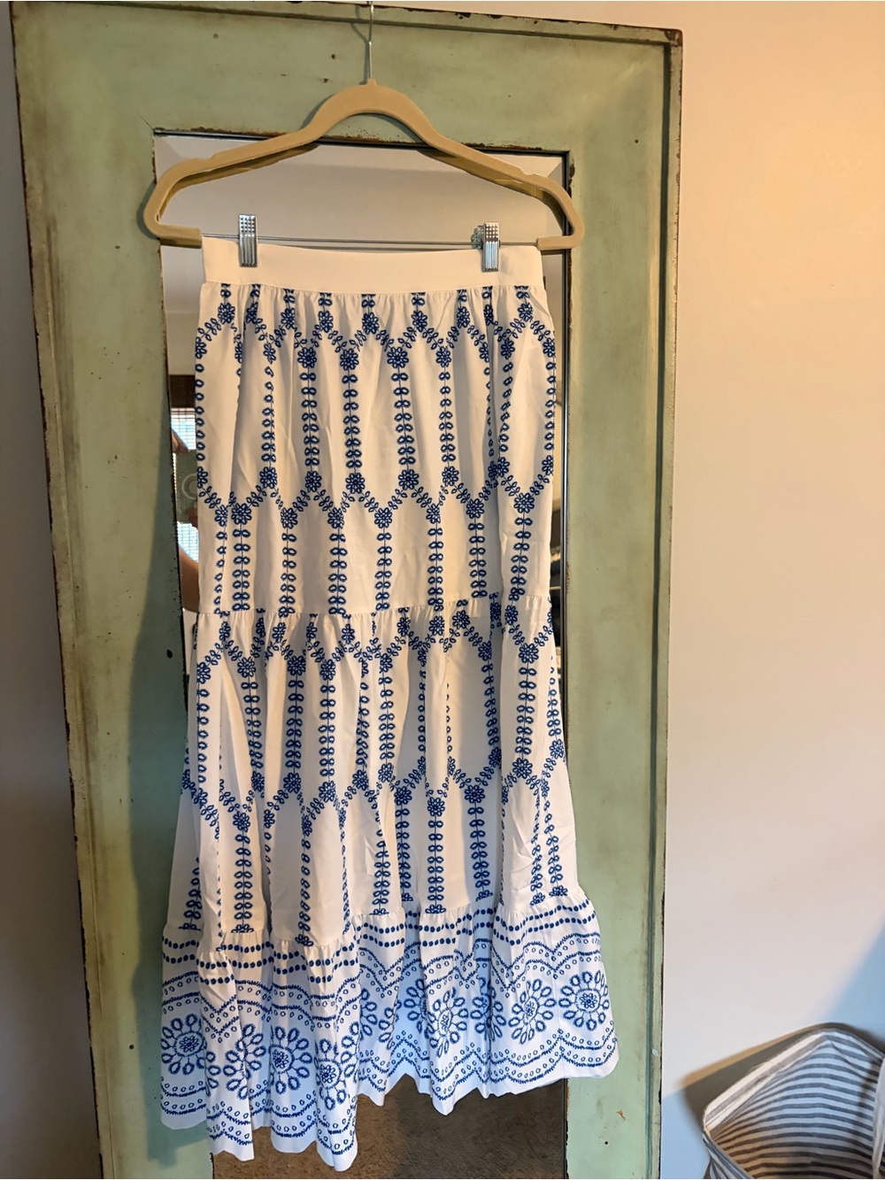 Commense White Maxi Skirt with Blue Embroidery